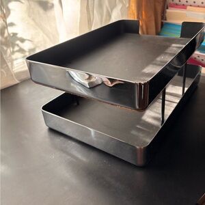 Heavy Sleek Black & Shiny Silver Two-Tier Paper Organizer felt bottom